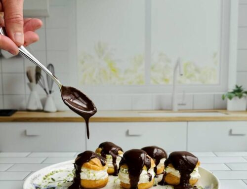 Violets Inspire French Profiteroles with Key Lime Cream & Dark Chocolate Ganache